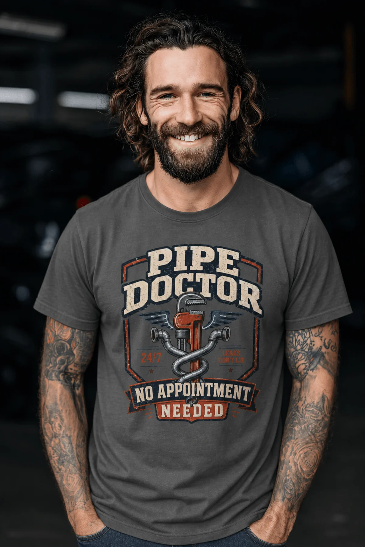 Plumber T-Shirt — "Pipe Doctor. No Appointment Needed" Vintage Work Shirt — pepper — Model Plumber T-Shirt — "Pipe Doctor. No Appointment Needed" Vintage Work Shirt — pepper t-shirt, model photo | Pressure Tested Co