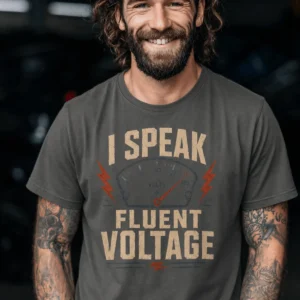 I Speak Fluent Voltage T-Shirt — Electrician & Electronics Tech Gift — pepper t-shirt, model photo | Pressure Tested Co