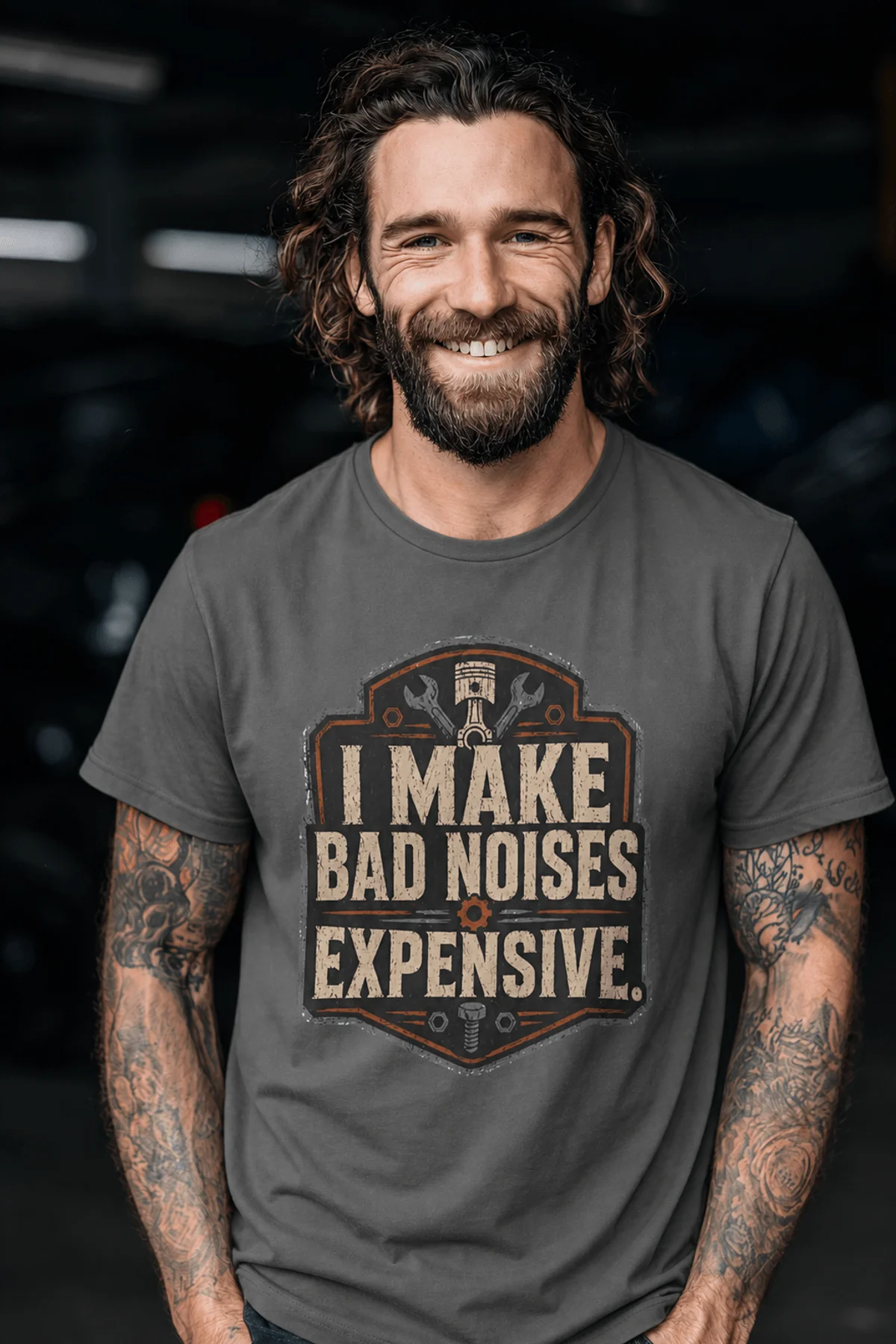 Funny Mechanic Tee - "I Make Bad Noises Expensive" Technician Worker/ Mechanic / Gearhead Tee — pepper t-shirt, model photo | Pressure Tested Co