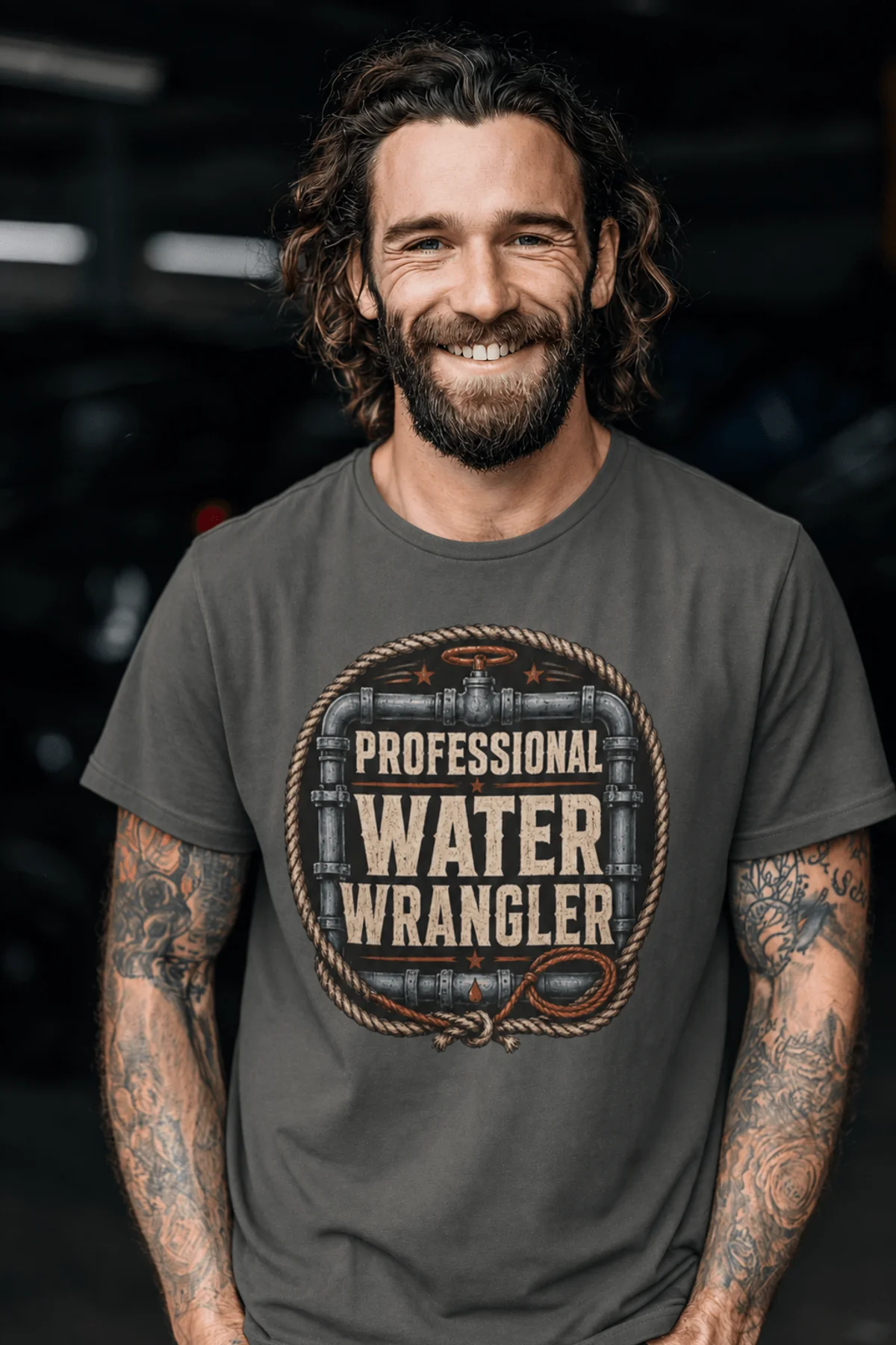 Funny Plumber Tee - "Professional Water Wrangler" Rustic Rope Graphic T-Shirt — pepper t-shirt, model photo | Pressure Tested Co