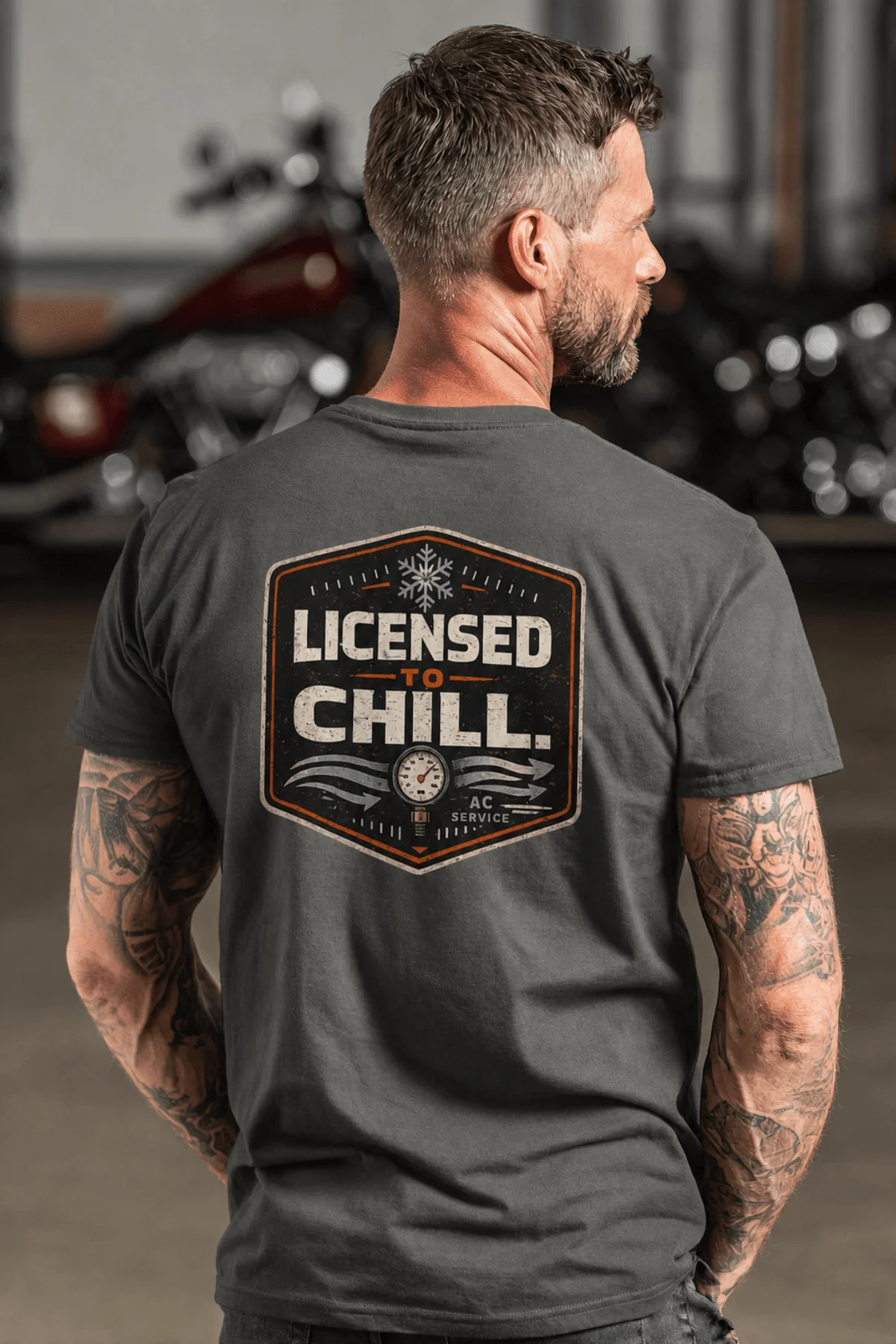 Funny HVAC Tee - "Licensed To Chill" HVAC Technician T-Shirt — pepper t-shirt, model photo | Pressure Tested Co