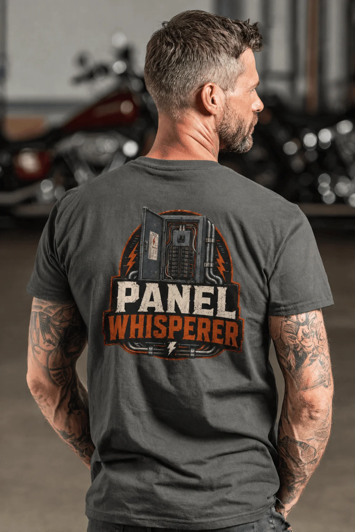 Funny Electrician Tee - "Panel Whisperer" Electrical Worker T-Shirt — pepper t-shirt, model photo | Pressure Tested Co