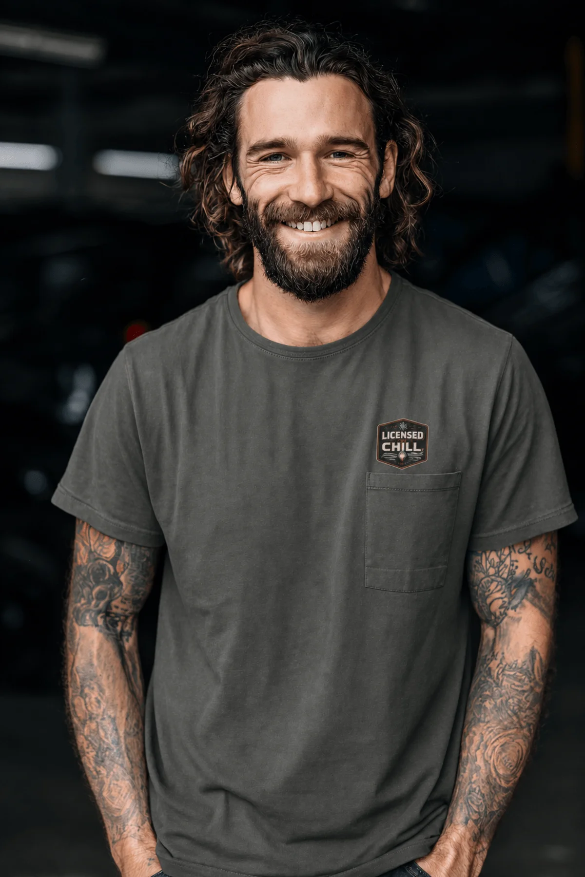 Funny HVAC Tee - "Licensed To Chill" HVAC Technician T-Shirt — pepper t-shirt, model photo | Pressure Tested Co