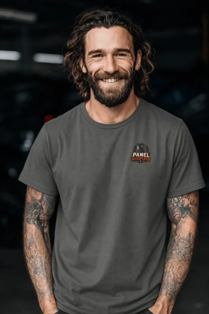 Funny Electrician Tee - "Panel Whisperer" Electrical Worker T-Shirt — pepper t-shirt, model photo | Pressure Tested Co