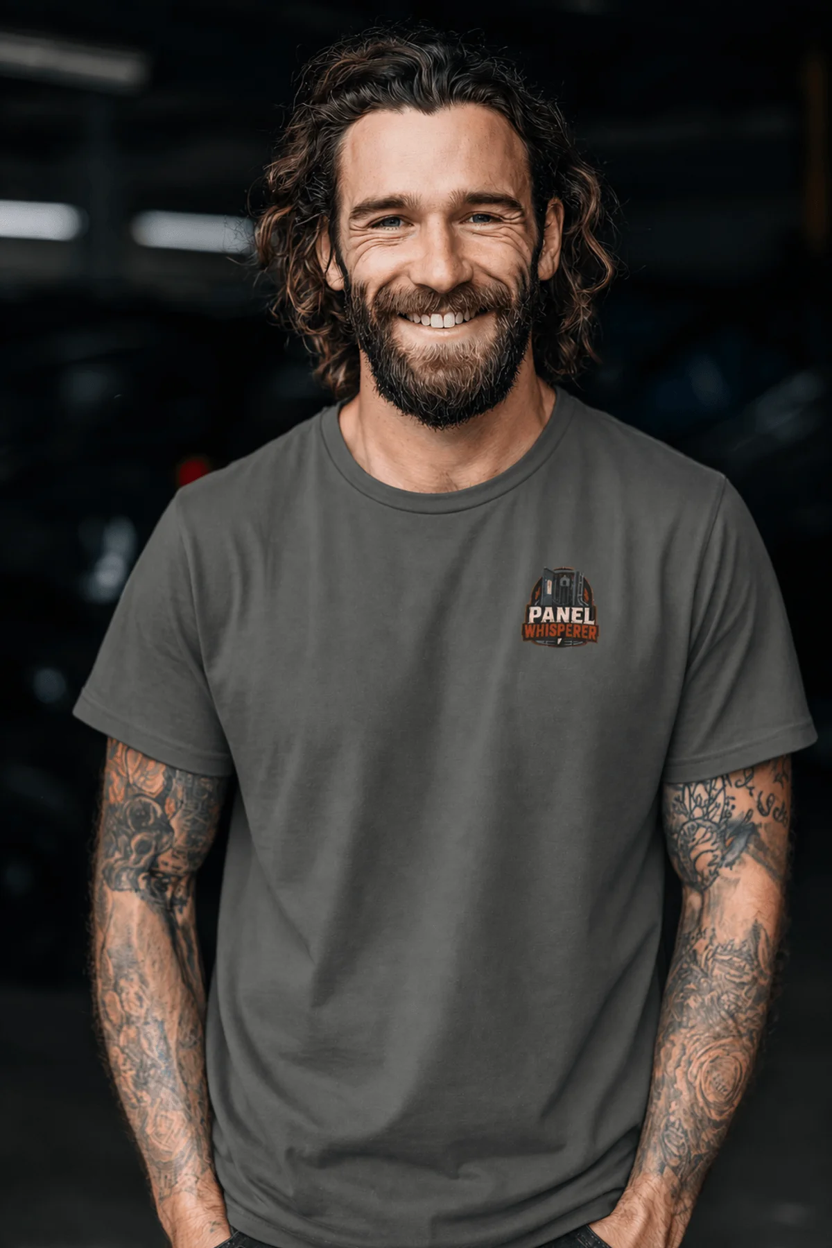 Funny Electrician Tee - "Panel Whisperer" Electrical Worker T-Shirt — pepper t-shirt, model photo | Pressure Tested Co