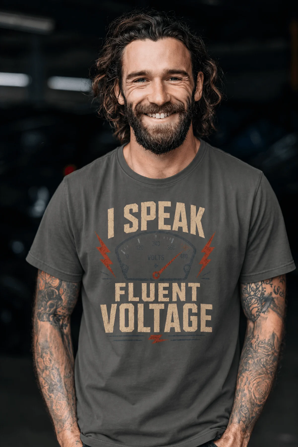 I Speak Fluent Voltage T-Shirt — Electrician & Electronics Tech Gift — pepper t-shirt, model photo | Pressure Tested Co
