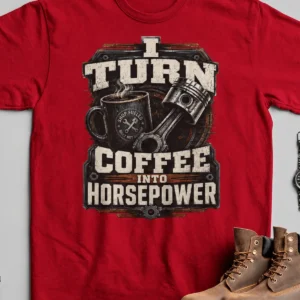 Mechanic Technician T-Shirt — "I Turn Coffee Into Horsepower" Vintage Work Shirt — red t-shirt, flat-lay product photo | Pressure Tested Co