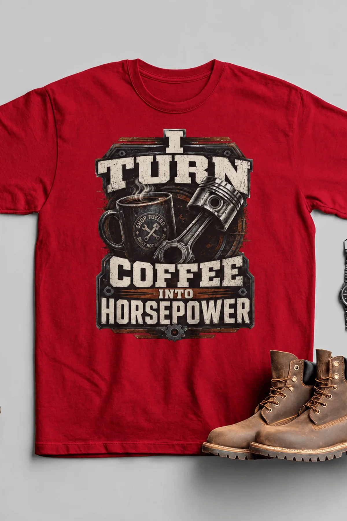 Mechanic Technician T-Shirt — "I Turn Coffee Into Horsepower" Vintage Work Shirt — red — Flat-lay Mechanic Technician T-Shirt — "I Turn Coffee Into Horsepower" Vintage Work Shirt — red t-shirt, flat-lay product photo | Pressure Tested Co