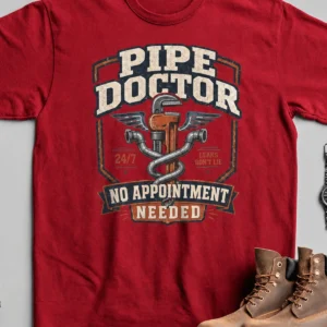 Plumber T-Shirt — "Pipe Doctor. No Appointment Needed" Vintage Work Shirt — red t-shirt, flat-lay product photo | Pressure Tested Co