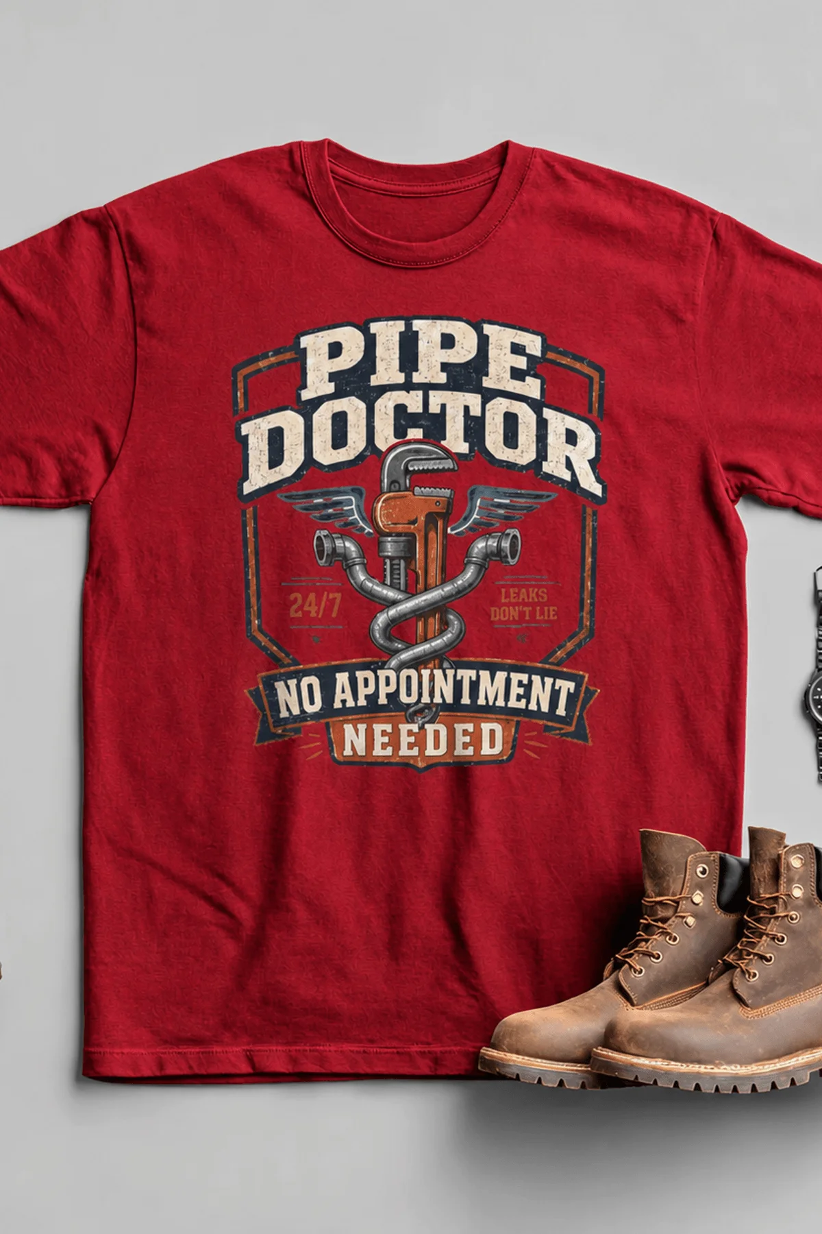 Plumber T-Shirt — "Pipe Doctor. No Appointment Needed" Vintage Work Shirt — red — Flat-lay Plumber T-Shirt — "Pipe Doctor. No Appointment Needed" Vintage Work Shirt — red t-shirt, flat-lay product photo | Pressure Tested Co