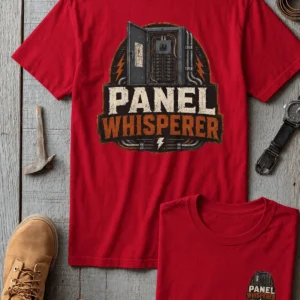 Funny Electrician Tee - "Panel Whisperer" Electrical Worker T-Shirt — red t-shirt, flat-lay product photo | Pressure Tested Co