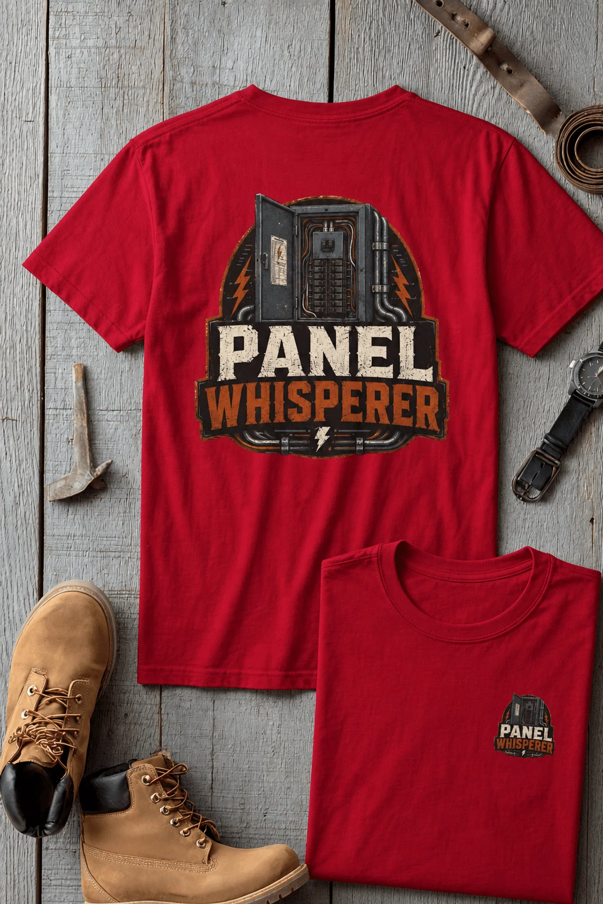 Funny Electrician Tee - "Panel Whisperer" Electrical Worker T-Shirt — red t-shirt, flat-lay product photo | Pressure Tested Co