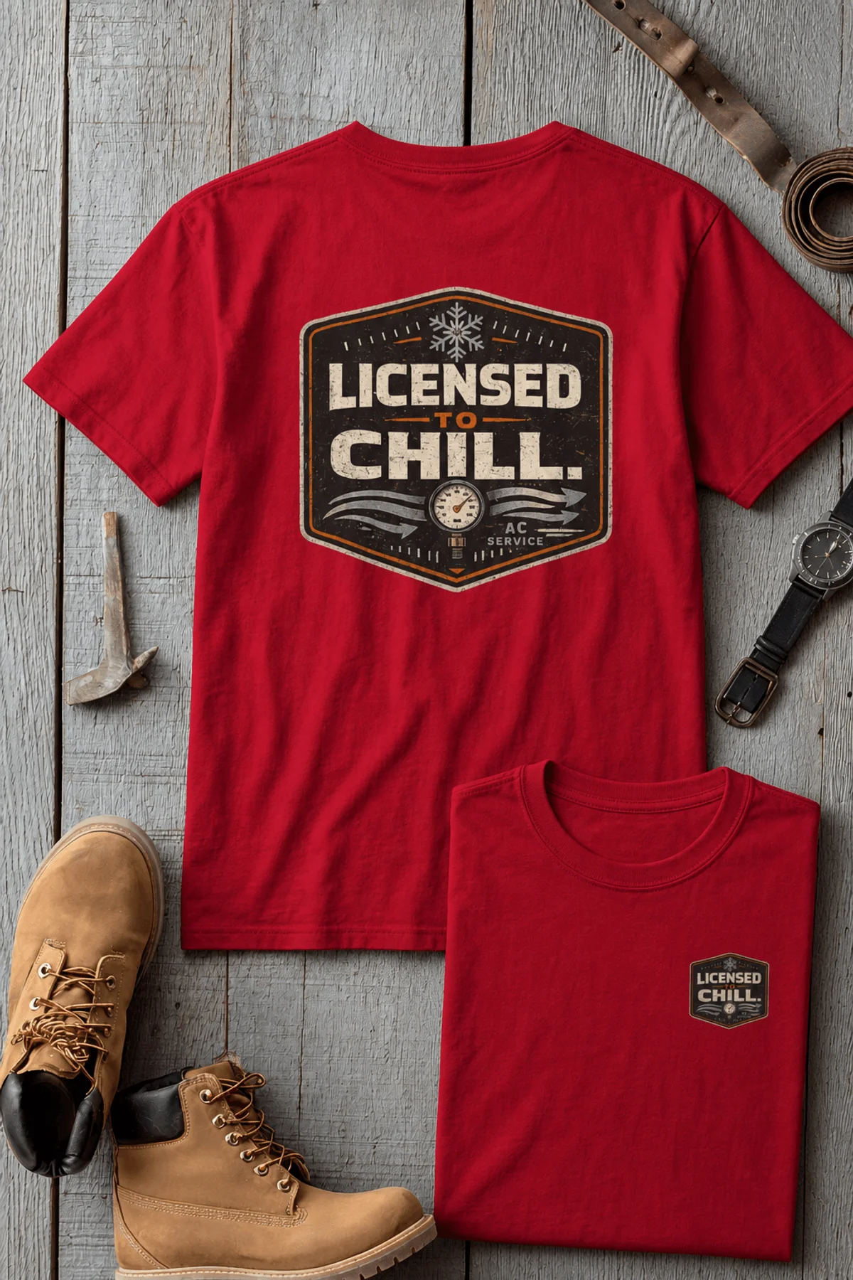 Funny HVAC Tee - "Licensed To Chill" HVAC Technician T-Shirt — red t-shirt, flat-lay product photo | Pressure Tested Co
