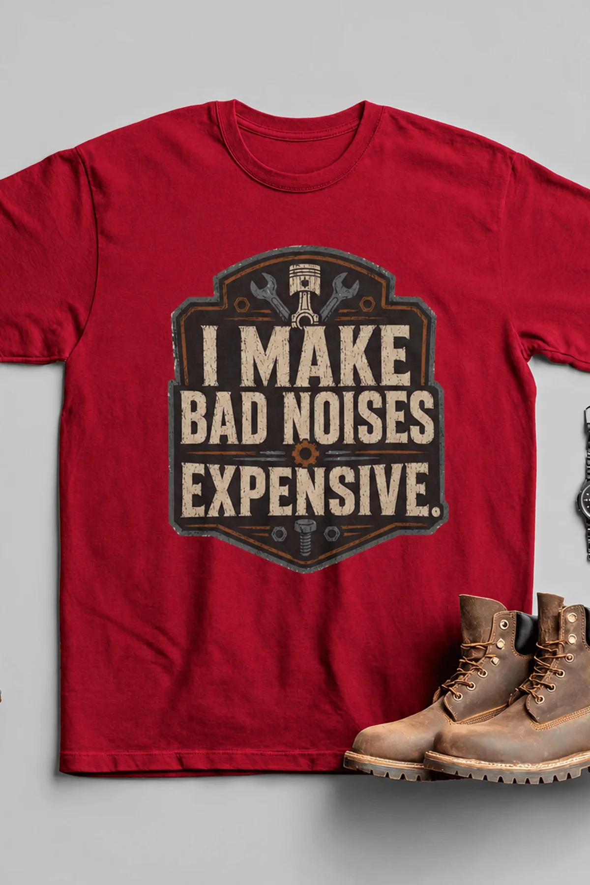 Funny Mechanic Tee - "I Make Bad Noises Expensive" Technician Worker/ Mechanic / Gearhead Tee — red t-shirt, flat-lay product photo | Pressure Tested Co