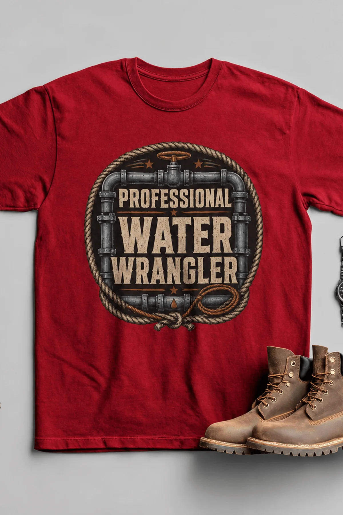Funny Plumber Tee - "Professional Water Wrangler" Rustic Rope Graphic T-Shirt — red t-shirt, flat-lay product photo | Pressure Tested Co