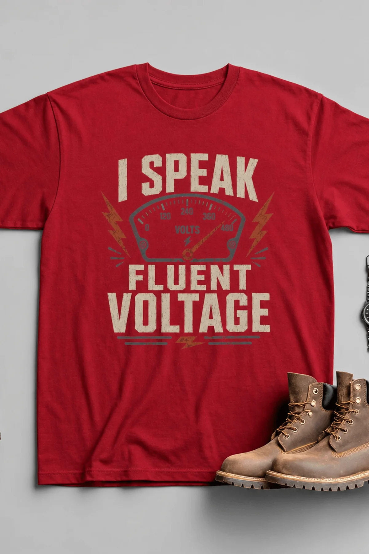 I Speak Fluent Voltage T-Shirt — Electrician & Electronics Tech Gift — red t-shirt, flat-lay product photo | Pressure Tested Co