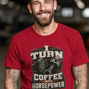 Mechanic Technician T-Shirt — "I Turn Coffee Into Horsepower" Vintage Work Shirt — red t-shirt, model photo | Pressure Tested Co