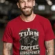 Mechanic Technician T-Shirt — "I Turn Coffee Into Horsepower" Vintage Work Shirt — red — Model Mechanic Technician T-Shirt — "I Turn Coffee Into Horsepower" Vintage Work Shirt — red t-shirt, model photo | Pressure Tested Co