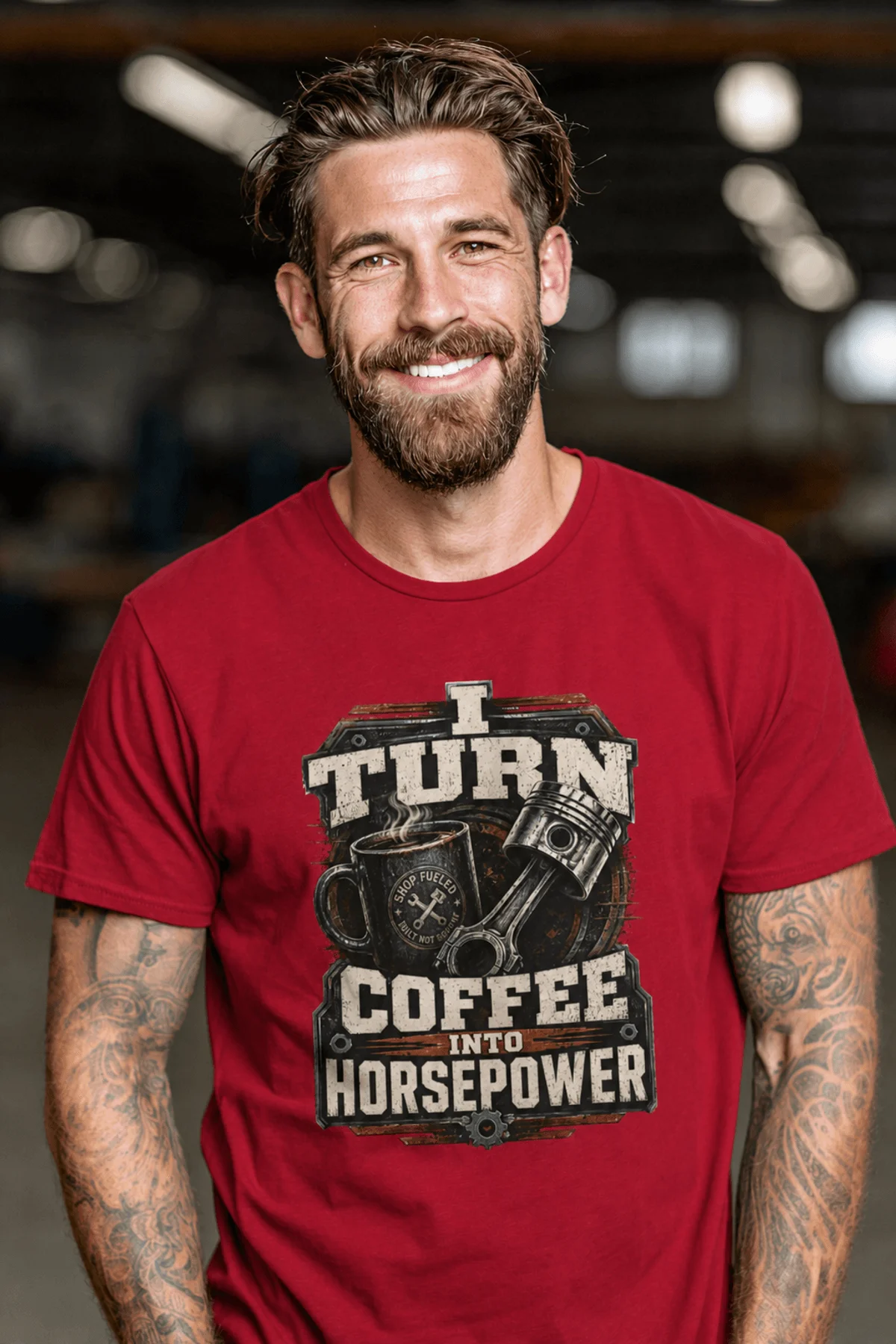 Mechanic Technician T-Shirt — "I Turn Coffee Into Horsepower" Vintage Work Shirt — red — Model Mechanic Technician T-Shirt — "I Turn Coffee Into Horsepower" Vintage Work Shirt — red t-shirt, model photo | Pressure Tested Co