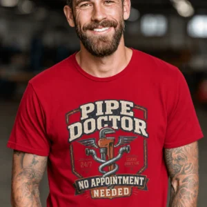 Plumber T-Shirt — "Pipe Doctor. No Appointment Needed" Vintage Work Shirt — red t-shirt, model photo | Pressure Tested Co