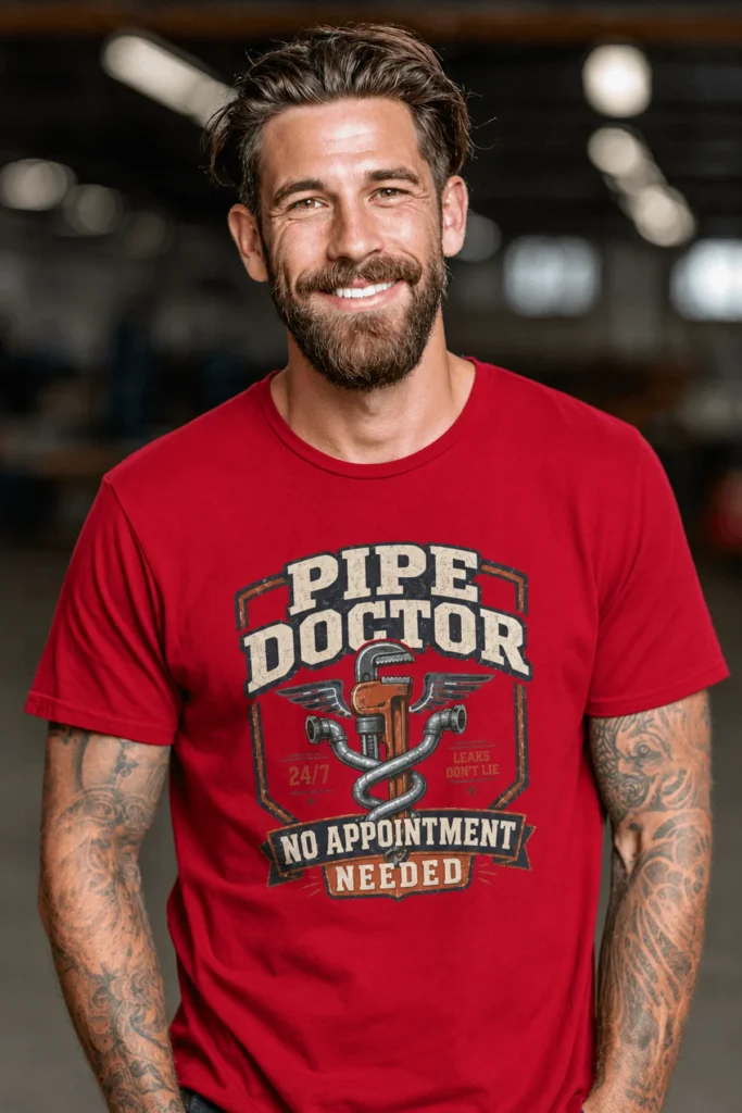 Plumber T-Shirt — "Pipe Doctor. No Appointment Needed" Vintage Work Shirt — red t-shirt, model photo | Pressure Tested Co