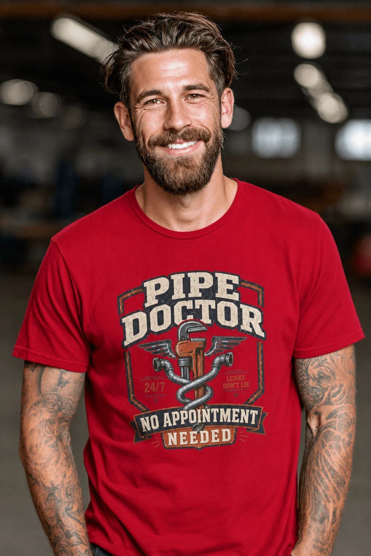 Plumber T-Shirt — "Pipe Doctor. No Appointment Needed" Vintage Work Shirt — red — Model Plumber T-Shirt — "Pipe Doctor. No Appointment Needed" Vintage Work Shirt — red t-shirt, model photo | Pressure Tested Co
