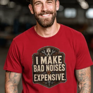 Funny Mechanic Tee - "I Make Bad Noises Expensive" Technician Worker/ Mechanic / Gearhead Tee — red t-shirt, model photo | Pressure Tested Co
