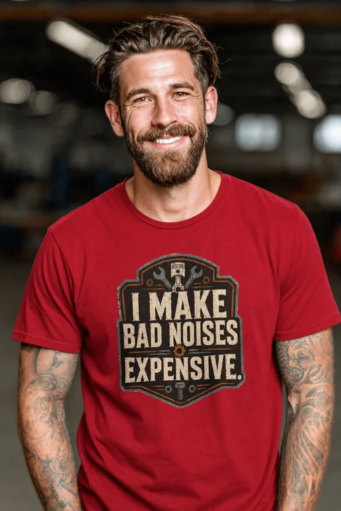 Funny Mechanic Tee - "I Make Bad Noises Expensive" Technician Worker/ Mechanic / Gearhead Tee — red t-shirt, model photo | Pressure Tested Co