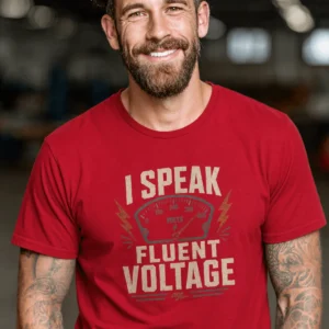 I Speak Fluent Voltage T-Shirt — Electrician & Electronics Tech Gift — red t-shirt, model photo | Pressure Tested Co