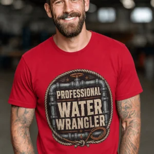 Funny Plumber Tee - "Professional Water Wrangler" Rustic Rope Graphic T-Shirt — red t-shirt, model photo | Pressure Tested Co