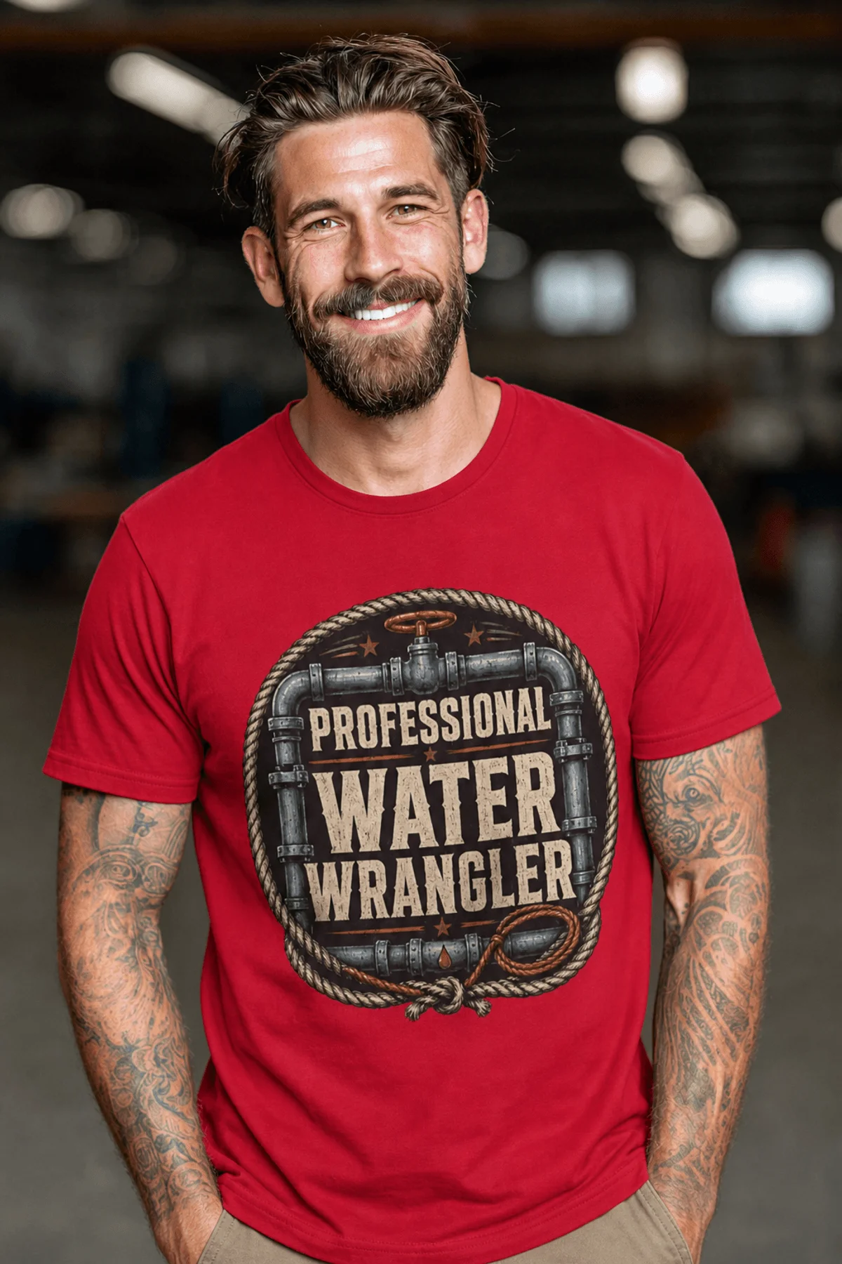 Funny Plumber Tee - "Professional Water Wrangler" Rustic Rope Graphic T-Shirt — red t-shirt, model photo | Pressure Tested Co