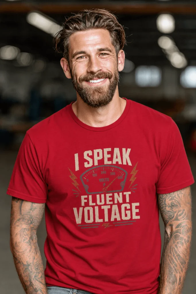 I Speak Fluent Voltage T-Shirt — Electrician & Electronics Tech Gift — red t-shirt, model photo | Pressure Tested Co