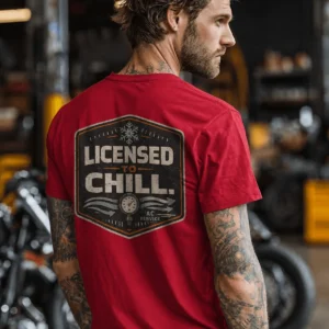 Funny HVAC Tee - "Licensed To Chill" HVAC Technician T-Shirt — red t-shirt, model photo | Pressure Tested Co