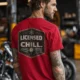Funny HVAC Tee - "Licensed To Chill" HVAC Technician T-Shirt — red t-shirt, model photo | Pressure Tested Co