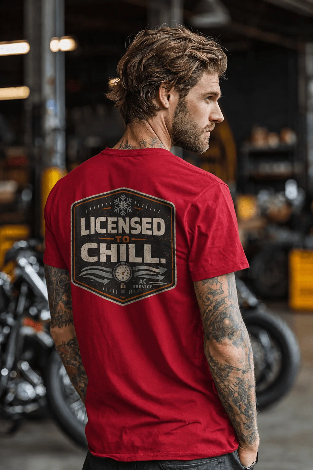 Funny HVAC Tee - "Licensed To Chill" HVAC Technician T-Shirt — red t-shirt, model photo | Pressure Tested Co