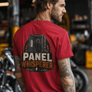 Funny Electrician Tee - "Panel Whisperer" Electrical Worker T-Shirt — red t-shirt, model photo | Pressure Tested Co