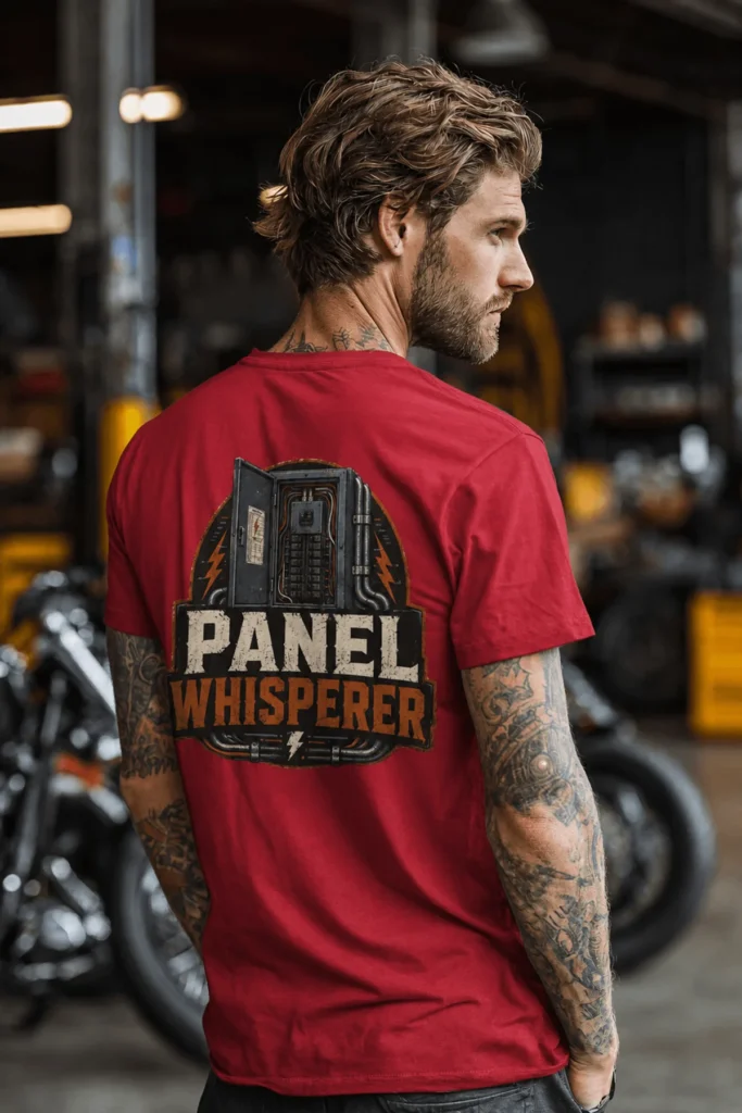 Funny Electrician Tee - "Panel Whisperer" Electrical Worker T-Shirt — red t-shirt, model photo | Pressure Tested Co