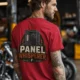 Funny Electrician Tee - "Panel Whisperer" Electrical Worker T-Shirt — red t-shirt, model photo | Pressure Tested Co