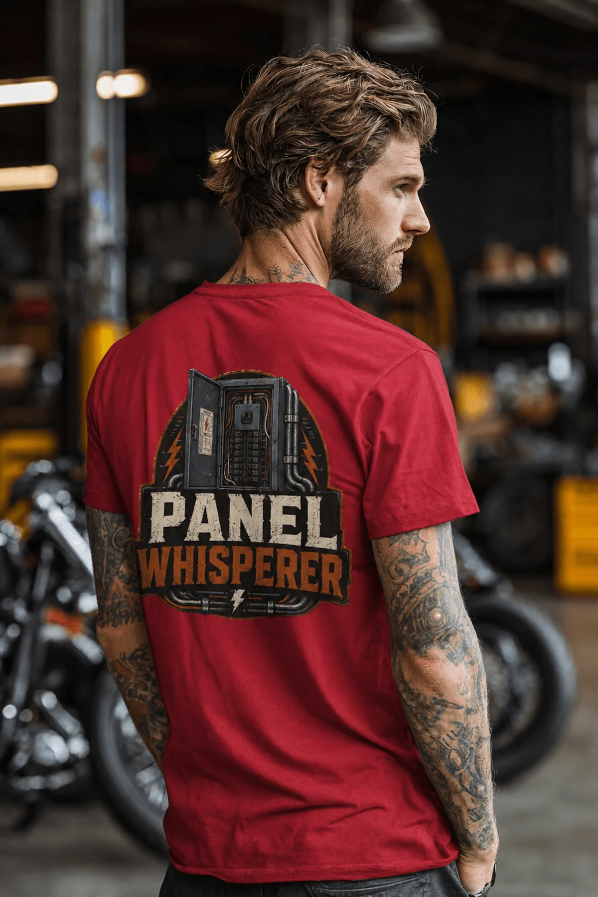 Funny Electrician Tee - "Panel Whisperer" Electrical Worker T-Shirt — red t-shirt, model photo | Pressure Tested Co