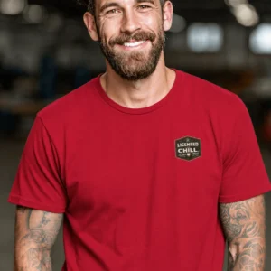 Funny HVAC Tee - "Licensed To Chill" HVAC Technician T-Shirt — red t-shirt, model photo | Pressure Tested Co