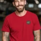 Funny HVAC Tee - "Licensed To Chill" HVAC Technician T-Shirt — red t-shirt, model photo | Pressure Tested Co
