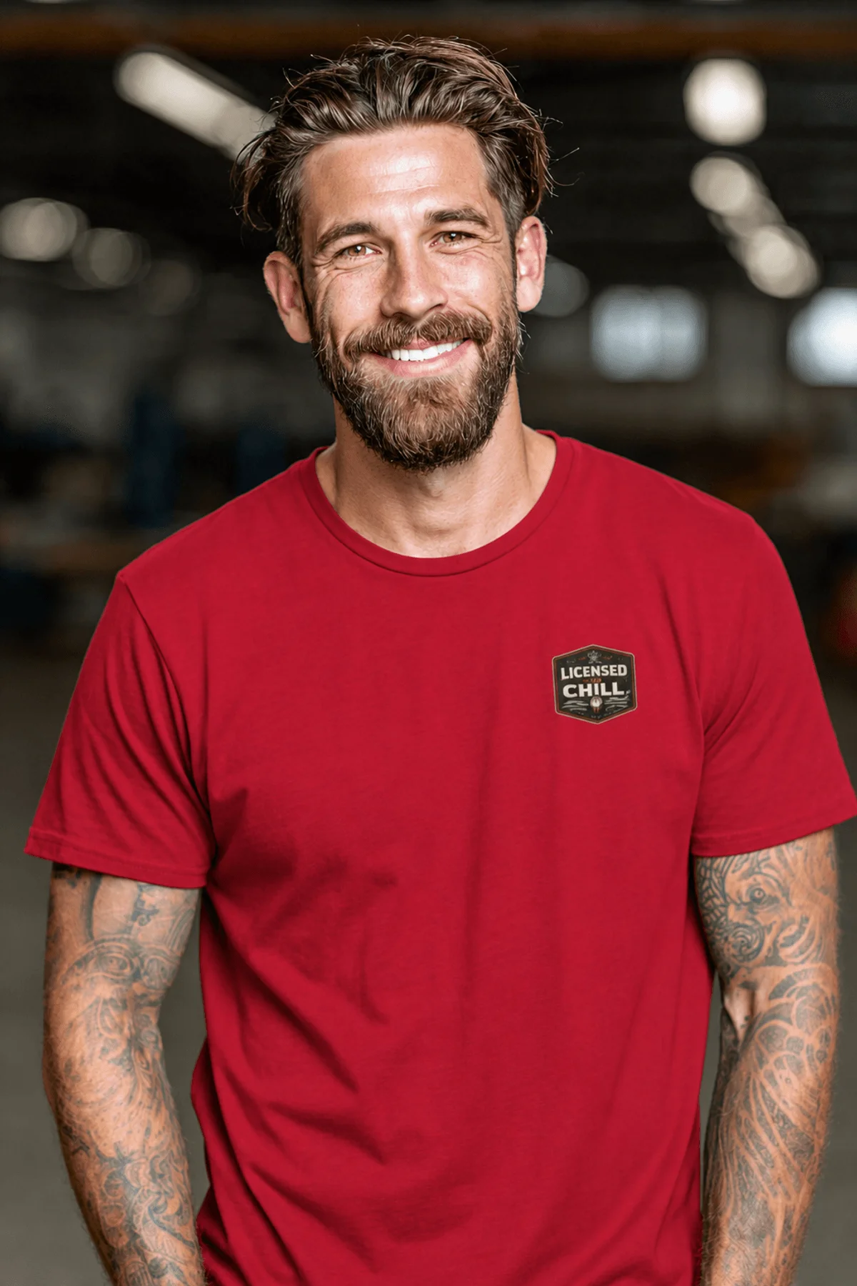 Funny HVAC Tee - "Licensed To Chill" HVAC Technician T-Shirt — red t-shirt, model photo | Pressure Tested Co