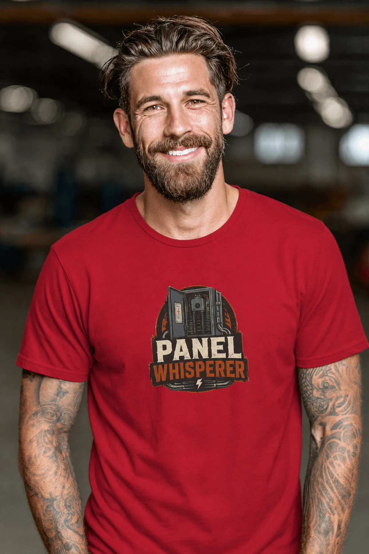 Funny Electrician Tee - "Panel Whisperer" Electrical Worker T-Shirt — red t-shirt, model photo | Pressure Tested Co