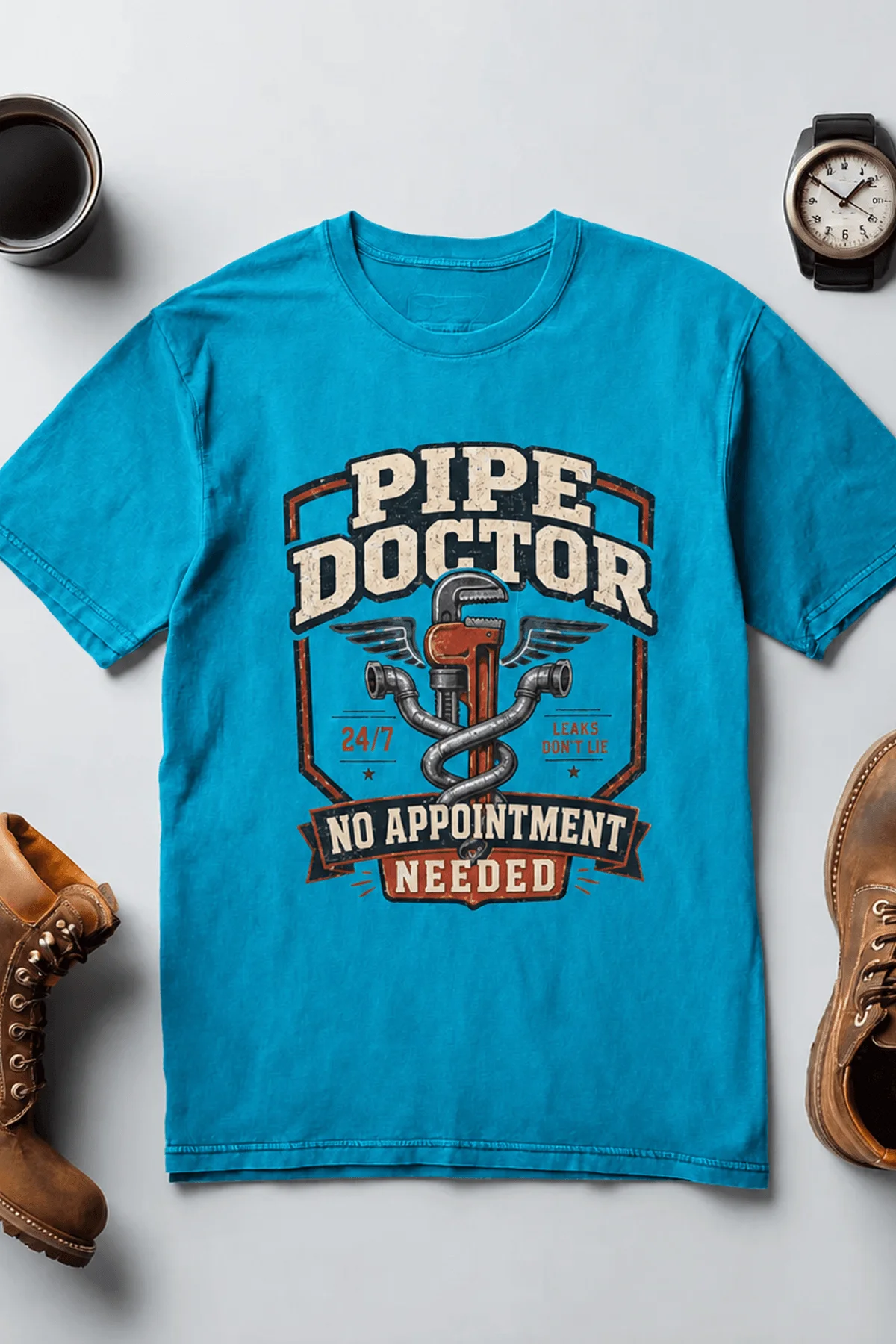 Plumber T-Shirt — "Pipe Doctor. No Appointment Needed" Vintage Work Shirt — sapphire — Flat-lay Plumber T-Shirt — "Pipe Doctor. No Appointment Needed" Vintage Work Shirt — sapphire t-shirt, flat-lay product photo | Pressure Tested Co