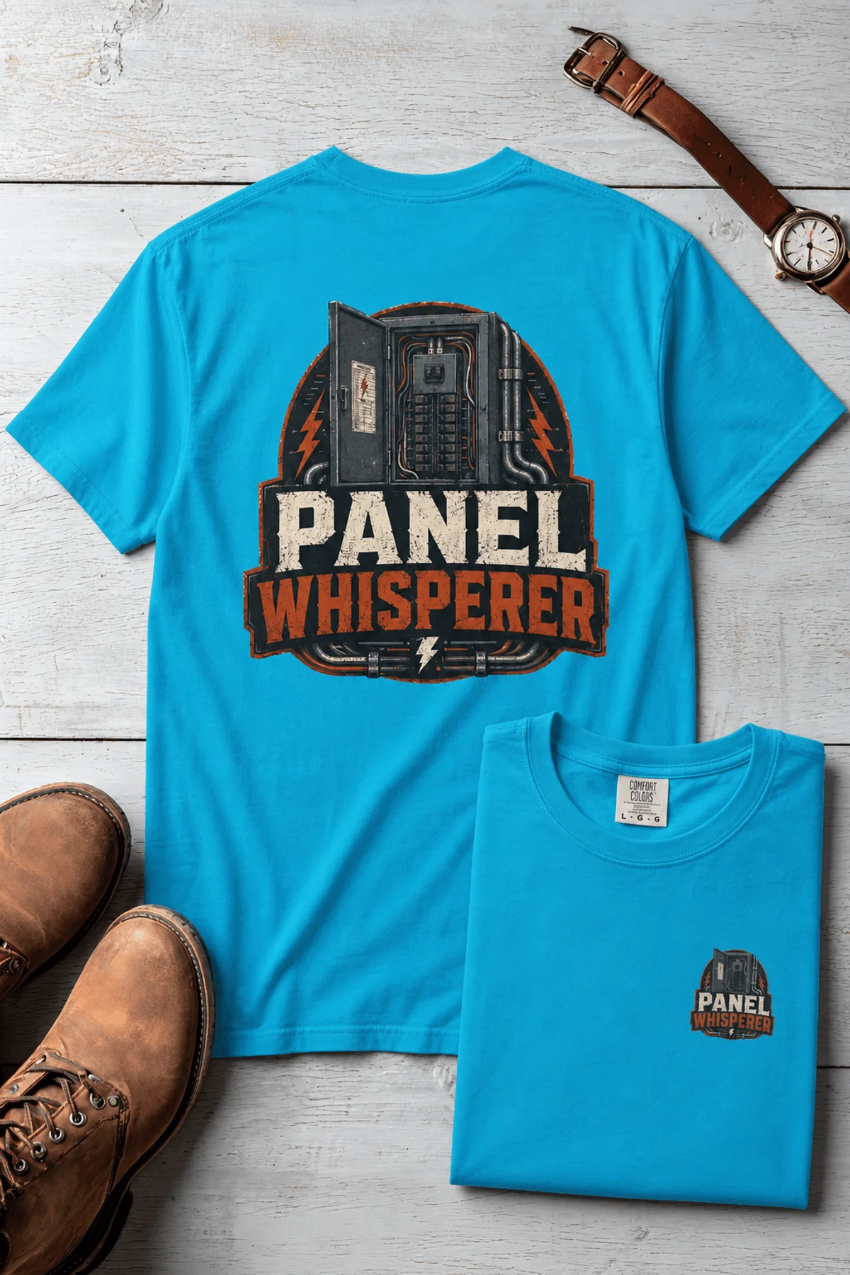 Funny Electrician Tee - "Panel Whisperer" Electrical Worker T-Shirt — sapphire t-shirt, flat-lay product photo | Pressure Tested Co