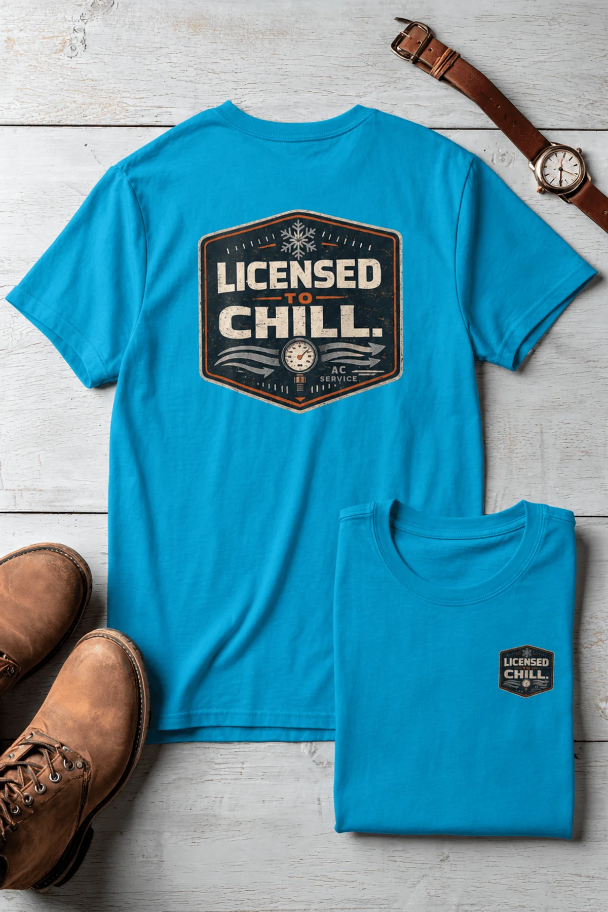 Funny HVAC Tee - "Licensed To Chill" HVAC Technician T-Shirt — sapphire t-shirt, flat-lay product photo | Pressure Tested Co