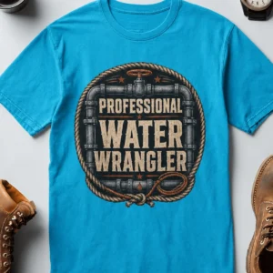 Funny Plumber Tee - "Professional Water Wrangler" Rustic Rope Graphic T-Shirt — sapphire t-shirt, flat-lay product photo | Pressure Tested Co
