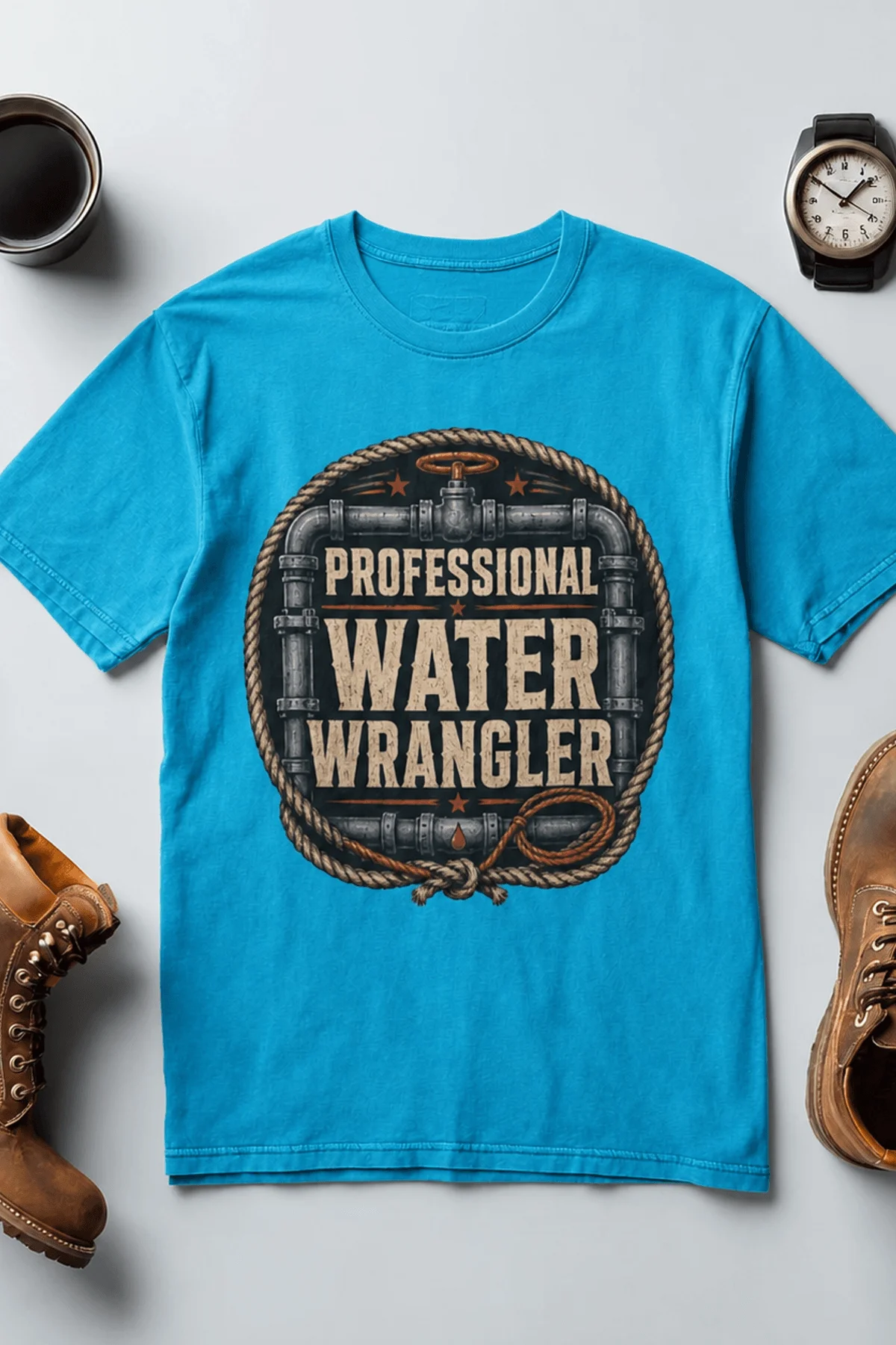 Funny Plumber Tee - "Professional Water Wrangler" Rustic Rope Graphic T-Shirt — sapphire t-shirt, flat-lay product photo | Pressure Tested Co