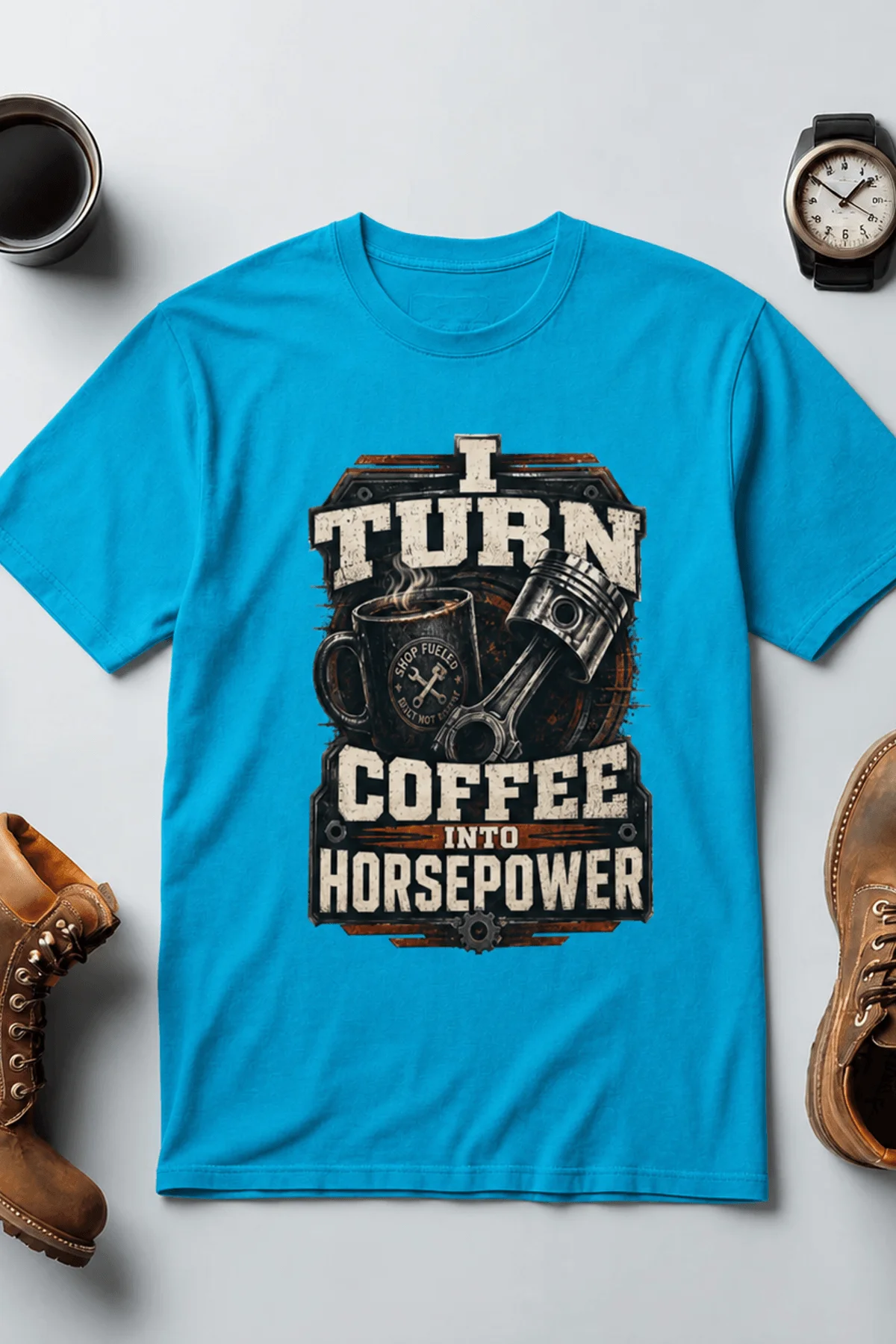 Mechanic Technician T-Shirt — "I Turn Coffee Into Horsepower" Vintage Work Shirt — sapphire — Flat-lay Mechanic Technician T-Shirt — "I Turn Coffee Into Horsepower" Vintage Work Shirt — sapphire t-shirt, flat-lay product photo | Pressure Tested Co