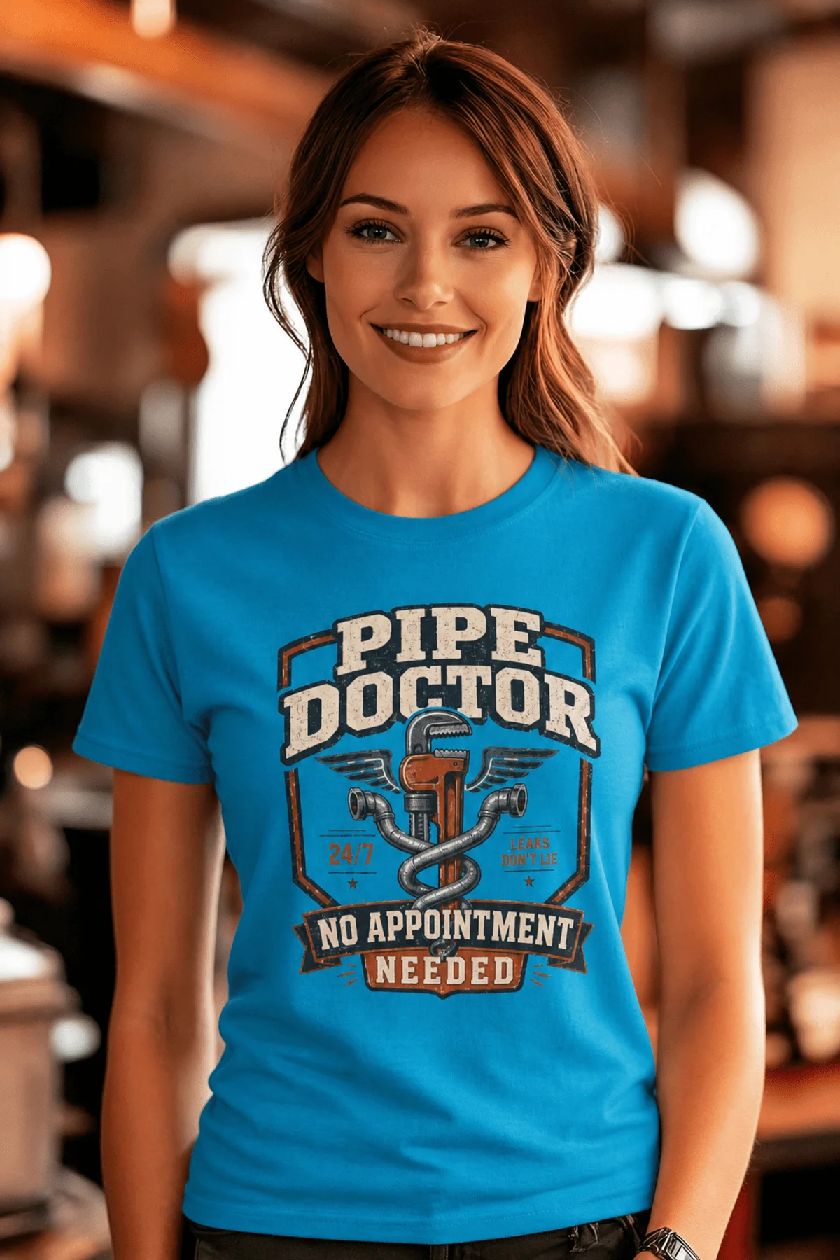Plumber T-Shirt — "Pipe Doctor. No Appointment Needed" Vintage Work Shirt — sapphire — Model Plumber T-Shirt — "Pipe Doctor. No Appointment Needed" Vintage Work Shirt — sapphire t-shirt, model photo | Pressure Tested Co